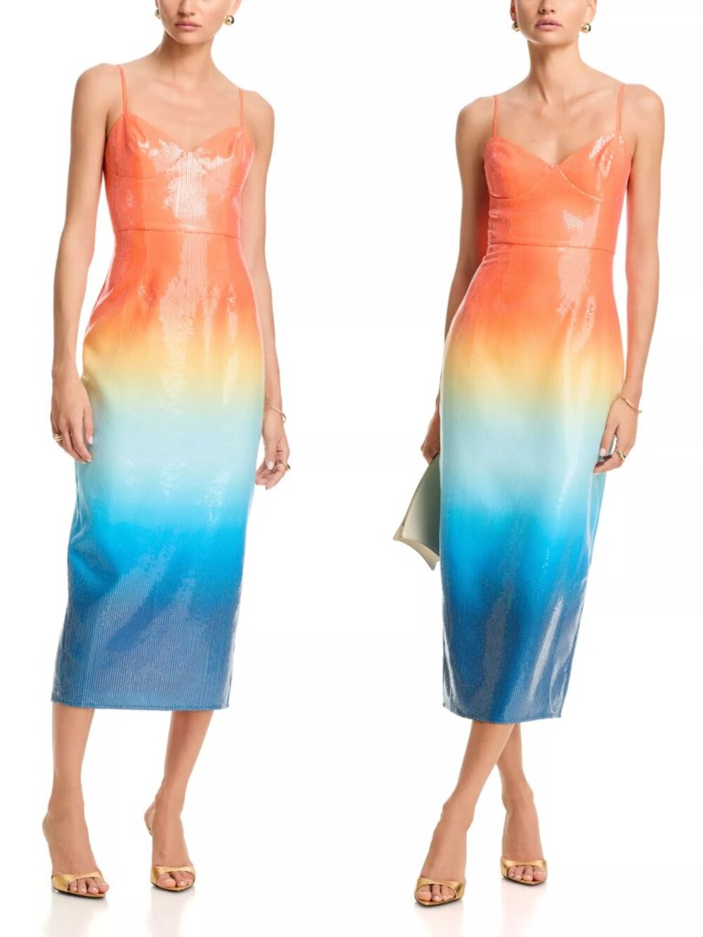 NWT AQUA Sunset Ombré Clear Sequin Midi Dress, blue orange, size small